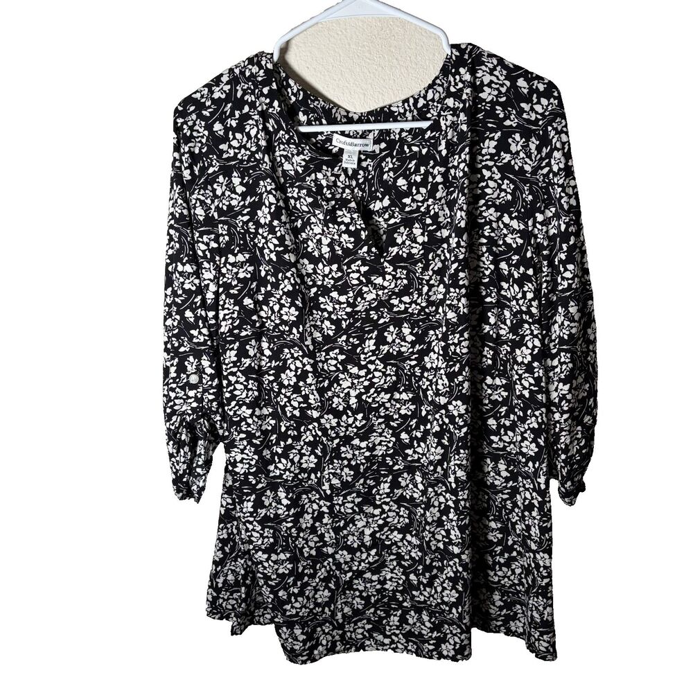 Croft & Barrow Blouse Women's XL Black Floral 3/4 Sleeve V-Neck Printed Shirt